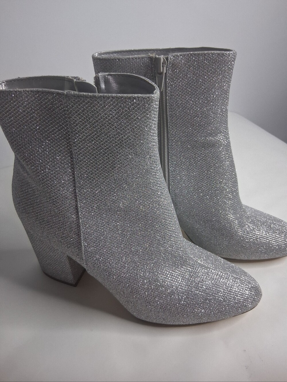 Madden Girl Silver Glitter Block Heel Ankle Boots